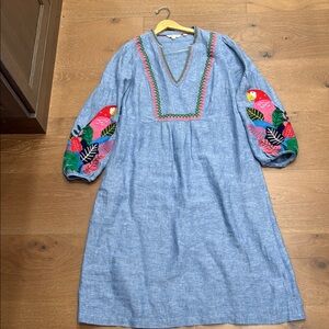 BODEN sz 16/18 Embroidered Blue Dress with Parrot Sleeves